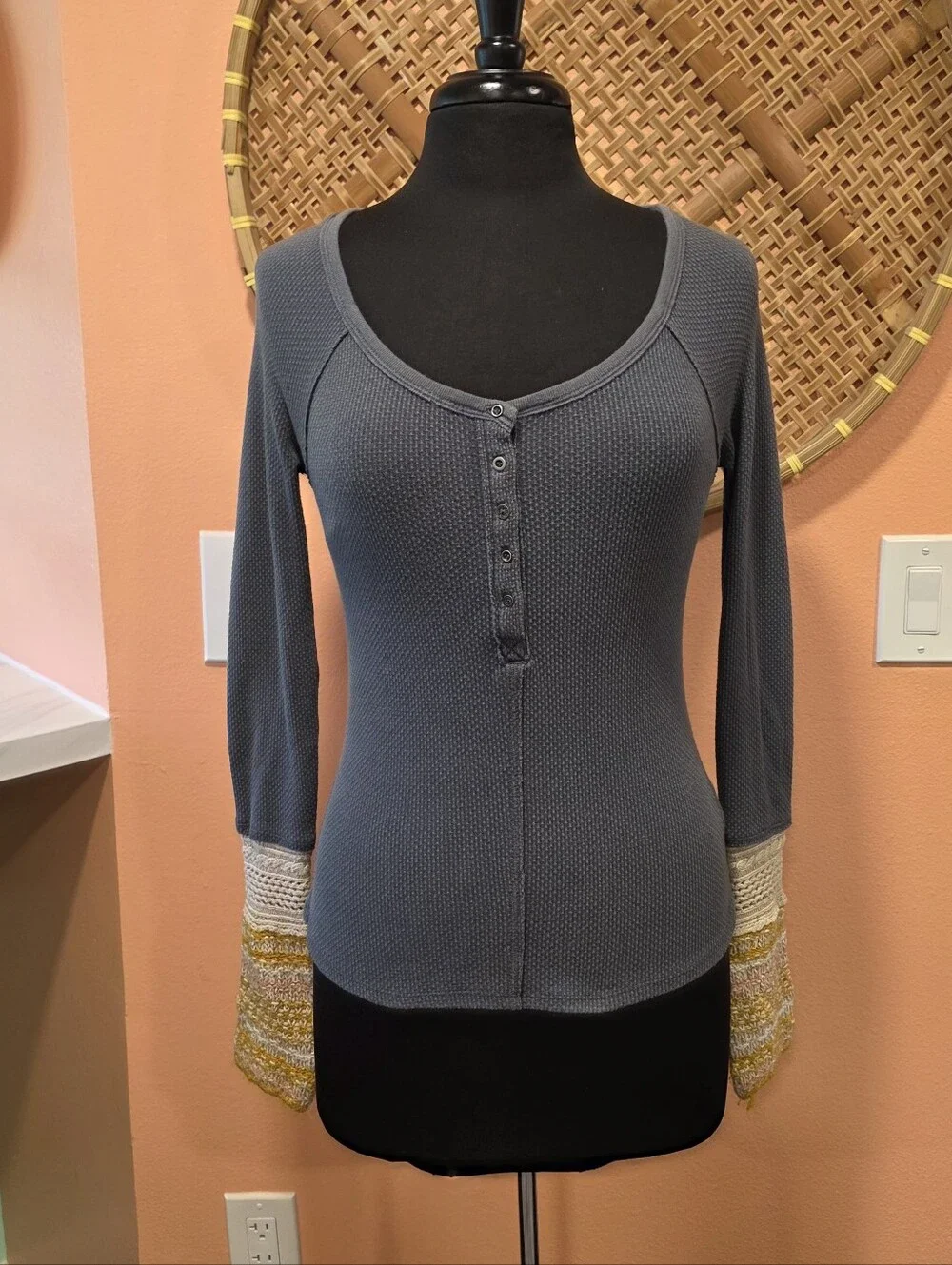 Free People Ski Lodge Alpine Cuff Gray Long Sleeve Henley Yellow Knit
